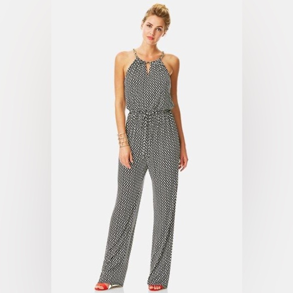 Laundry by Shelli Segal Luxury Black White Jumpsuit Gold Chain detailing Size 12